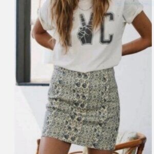 Free People Womens Mini Denim Skirt Size 10 Floral Tapestry Boho Cottagecore